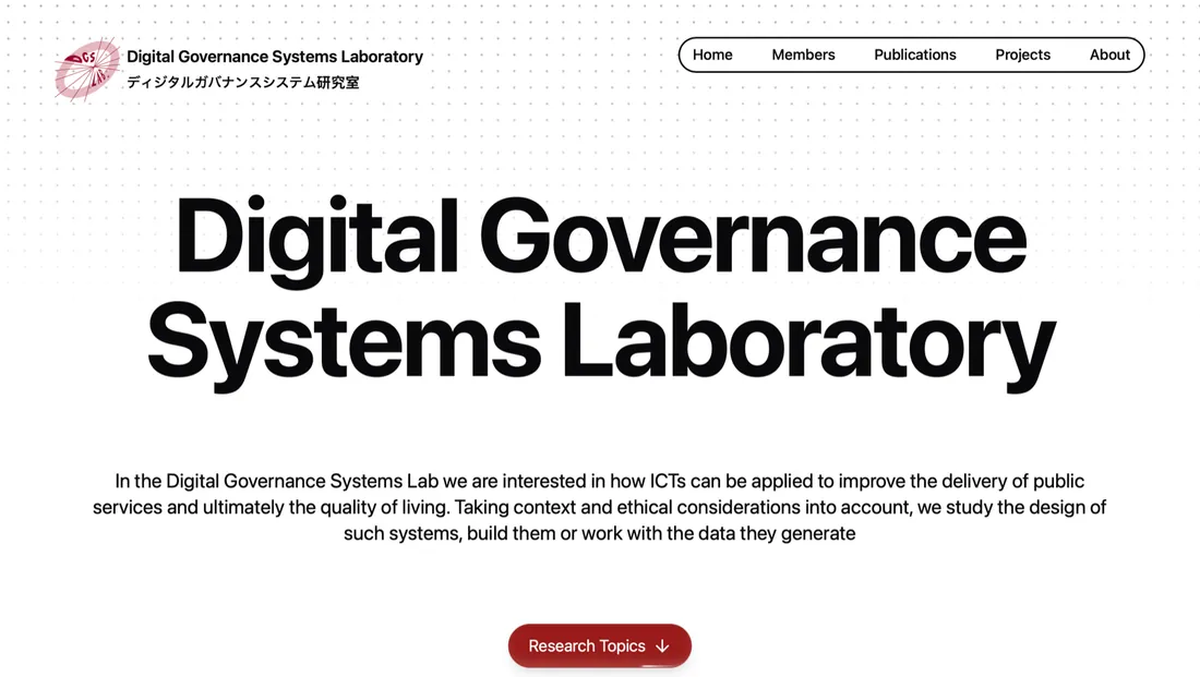 Digital Governance Systems Laboratory website with a large black title on a dot grid.