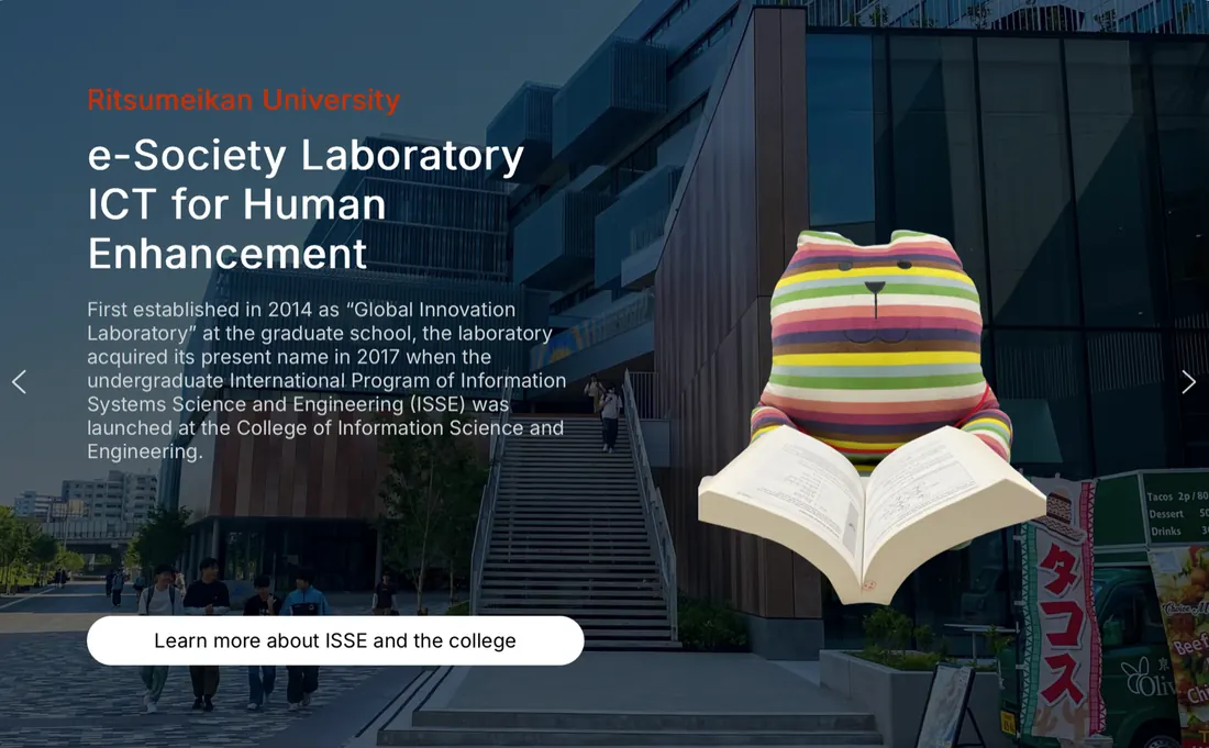 e-Society Laboratory website over a photograph of Ritsumeikan University OIC.