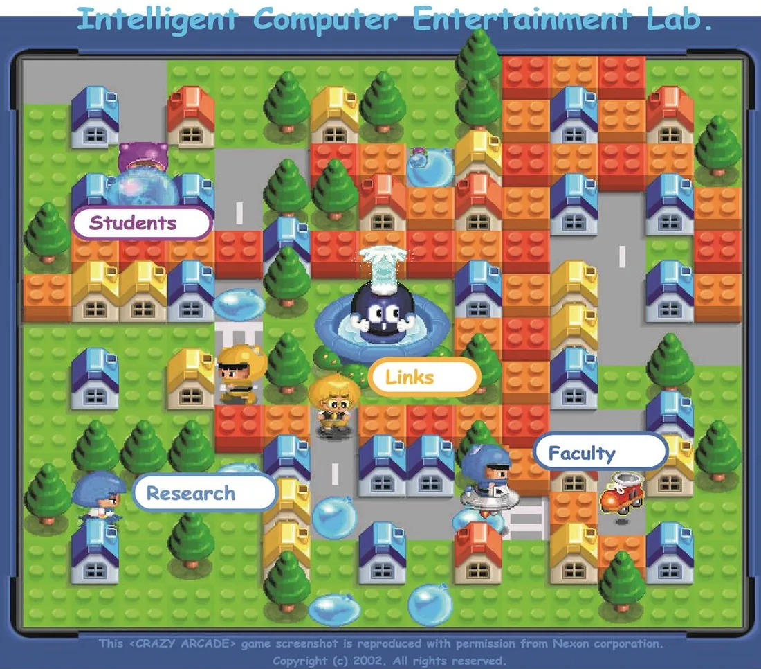 Intelligent Computer Entertainment Lab website shown as a colorful game map.