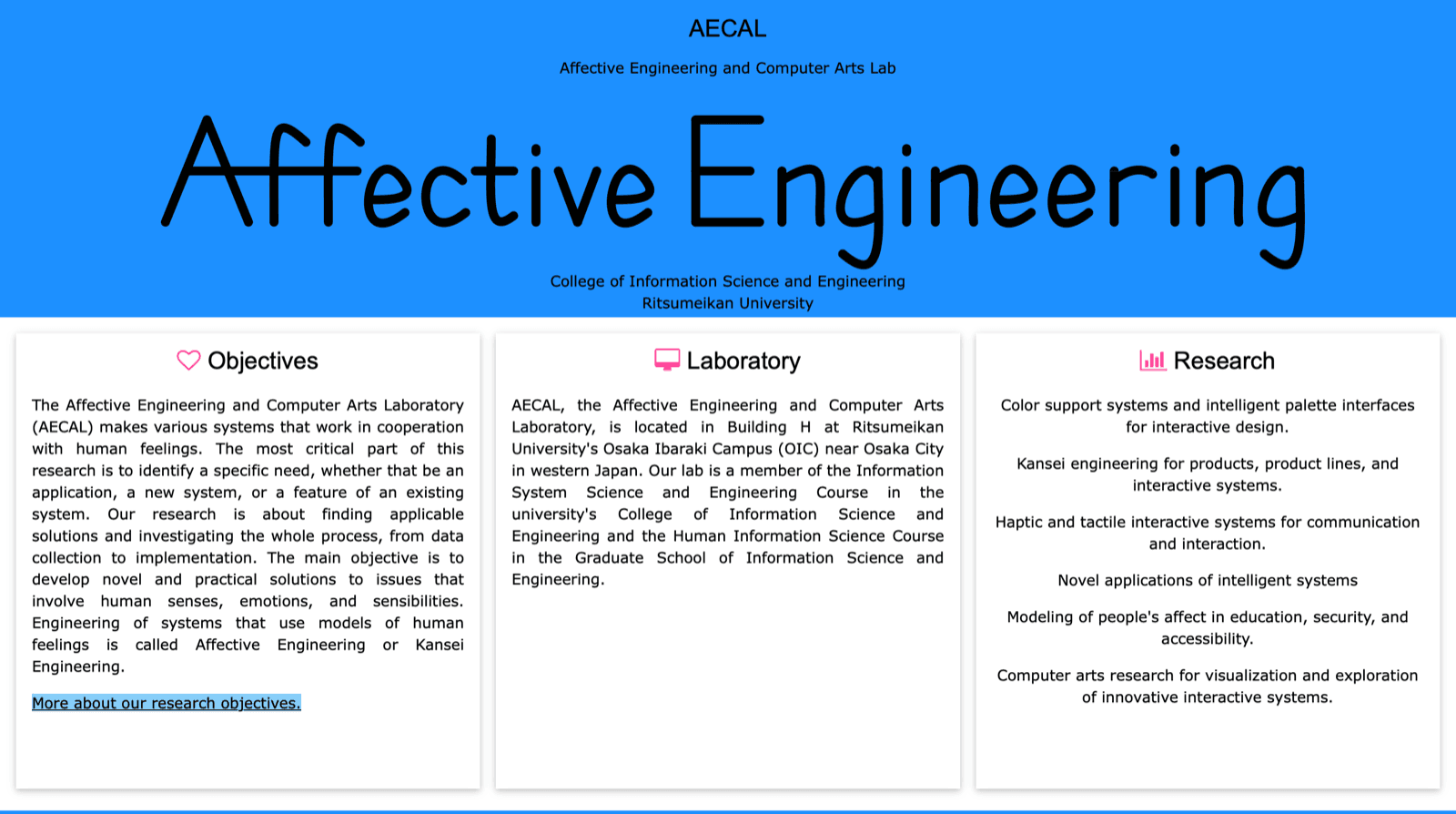 Affective Engineering and Computer Arts Lab website with a bright blue header.