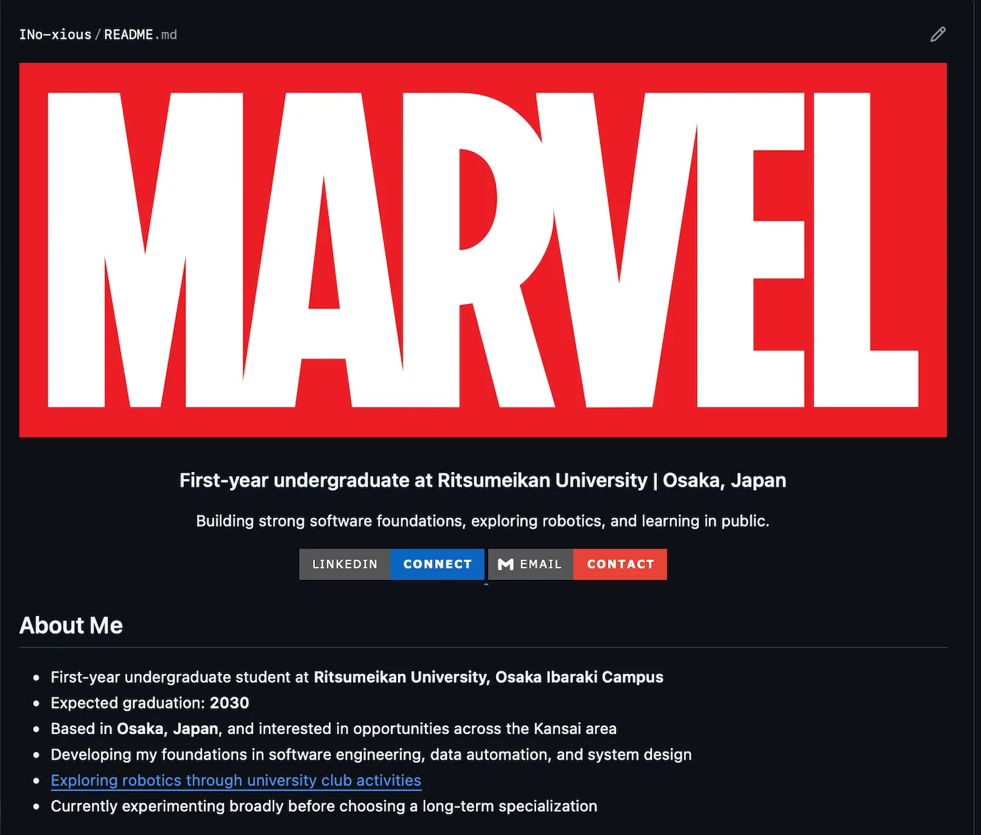 GitHub profile README showing a large red MARVEL banner and an introduction to Marvel Harisson's student work.