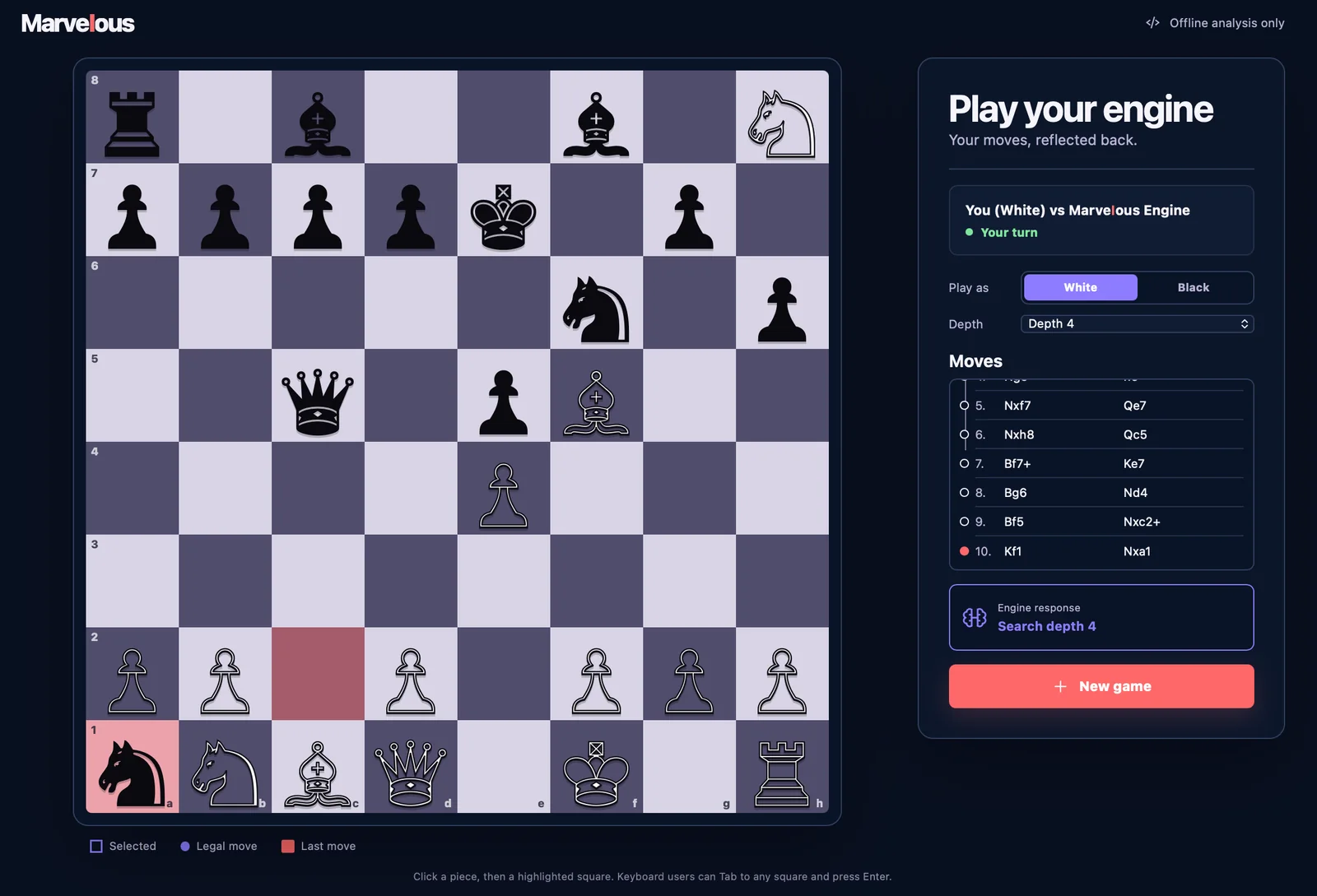 MarveIous chess engine interface showing a playable board, move history, engine settings, and search depth response.