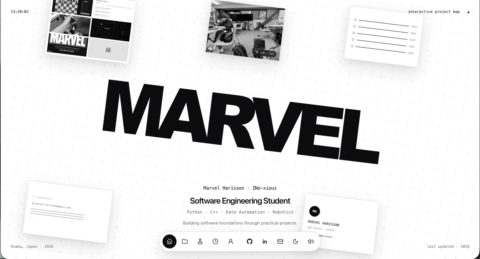 Personal website homepage showing a dark-themed interface with project highlights and navigation links.