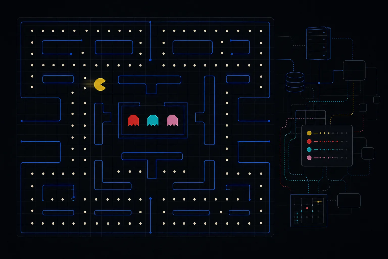 Concept visualization of an original cobalt maze, geometric player and opponent tokens, and a network-state diagram.